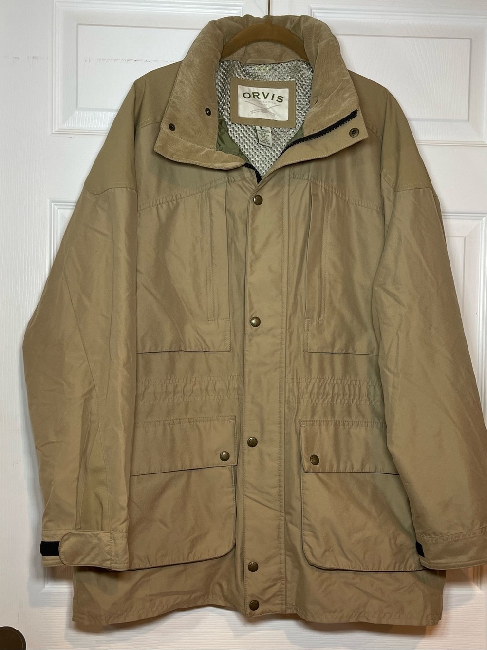 Orvis Men's Khaki Weather Jacket Field Coat Concealed Hood Utility Pockets M